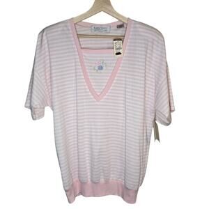 Karen Scott Pink Striped Embroidered V-Neck Short Sleeve Top Size L [0317]